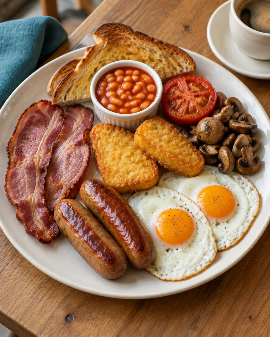 Illustrative cooked breakfast with coffee, eggs, toast and beans